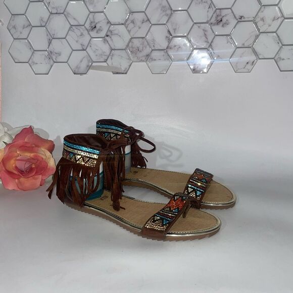 Arsi d Moda Fringe Boho Sandals - Brown and Blue - Picture 1 of 7